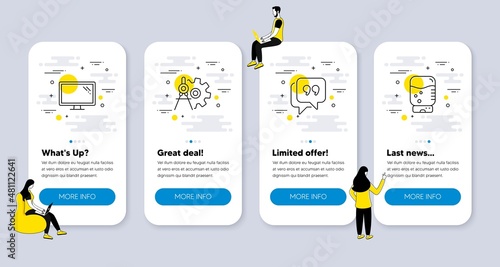 Vector Set of Technology icons related to Quote bubble, Cogwheel dividers and Monitor icons. UI phone app screens with people. Water cooler line symbols. Vector