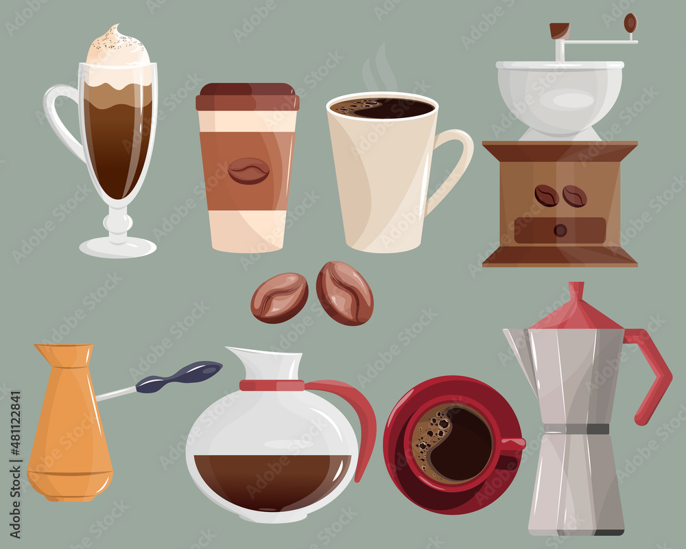 A set of vector illustrations with paper cups for coffee,a geyser coffee maker,a manual coffee grinder,Irish coffee,a cup of coffee, a coffee pot, a turk,coffee beans. A set of vector illustrations with paper cups for coffee,a geyser coffee maker,a manual coffee grinder,Irish coffee,a cup of coffee, a coffee pot, a turk,coffee beans.