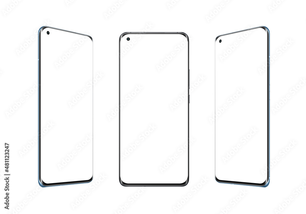 Phone isolated in three positions. Isolated display and background for app design presentation. Round screen with thin edges and camera built into display Phone isolated in three positions. Isolated display and background for app design presentation. Round screen with thin edges and camera built into display