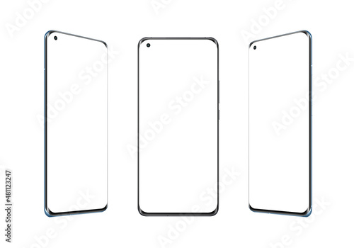 Phone isolated in three positions. Isolated display and background for app design presentation. Round screen with thin edges and camera built into display