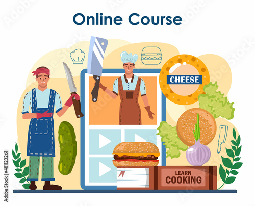 Burger house online service or platform. Chef cook tasty hamburger