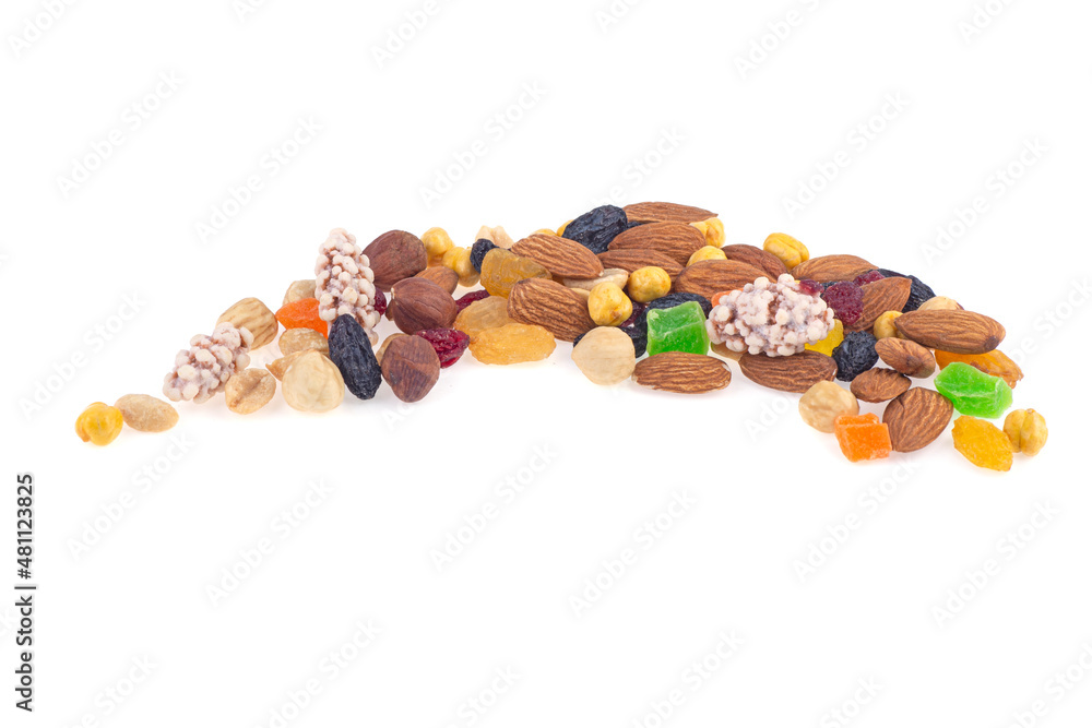Assorted mixed nuts, white background. Top view. Assorted mixed nuts, white background. Top view.