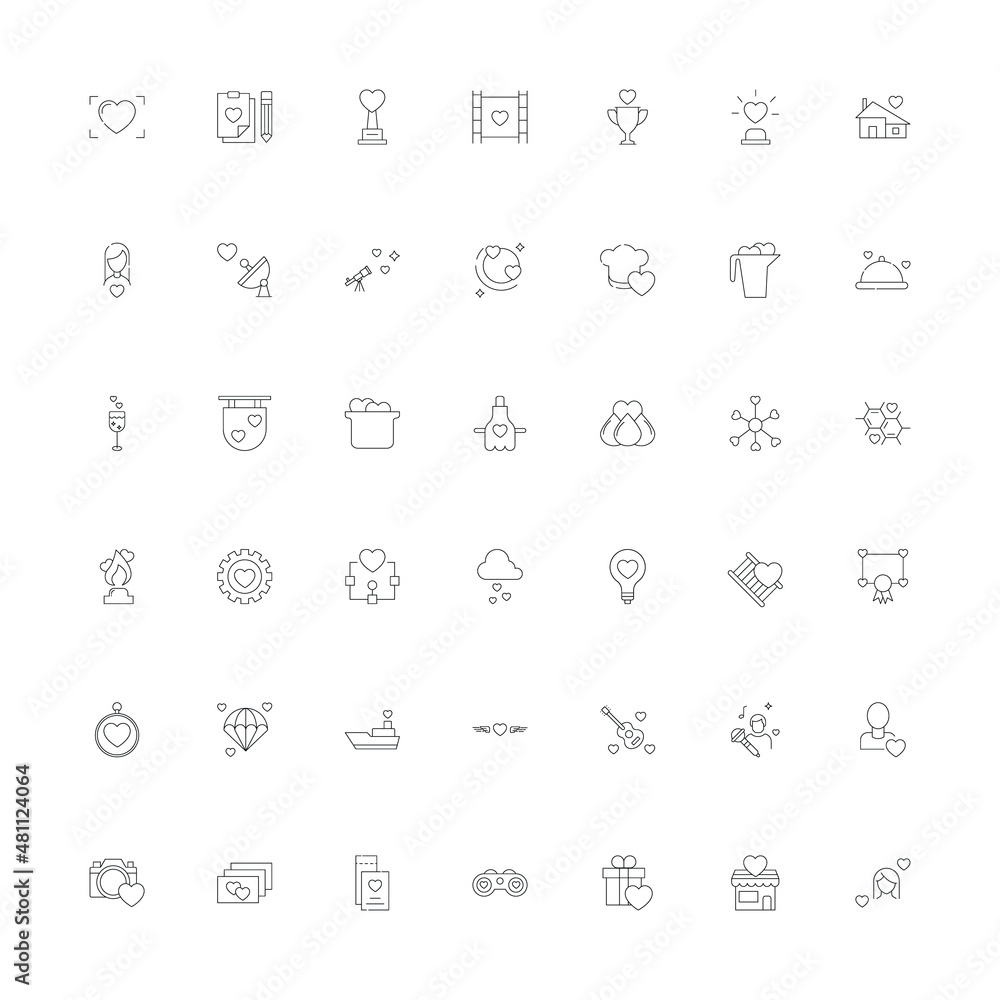 Romance and love concept. Outline sign drawn in flat style. Line icon collection including line icons related to love, romance, amour, dating Romance and love concept. Outline sign drawn in flat style. Line icon collection including line icons related to love, romance, amour, dating