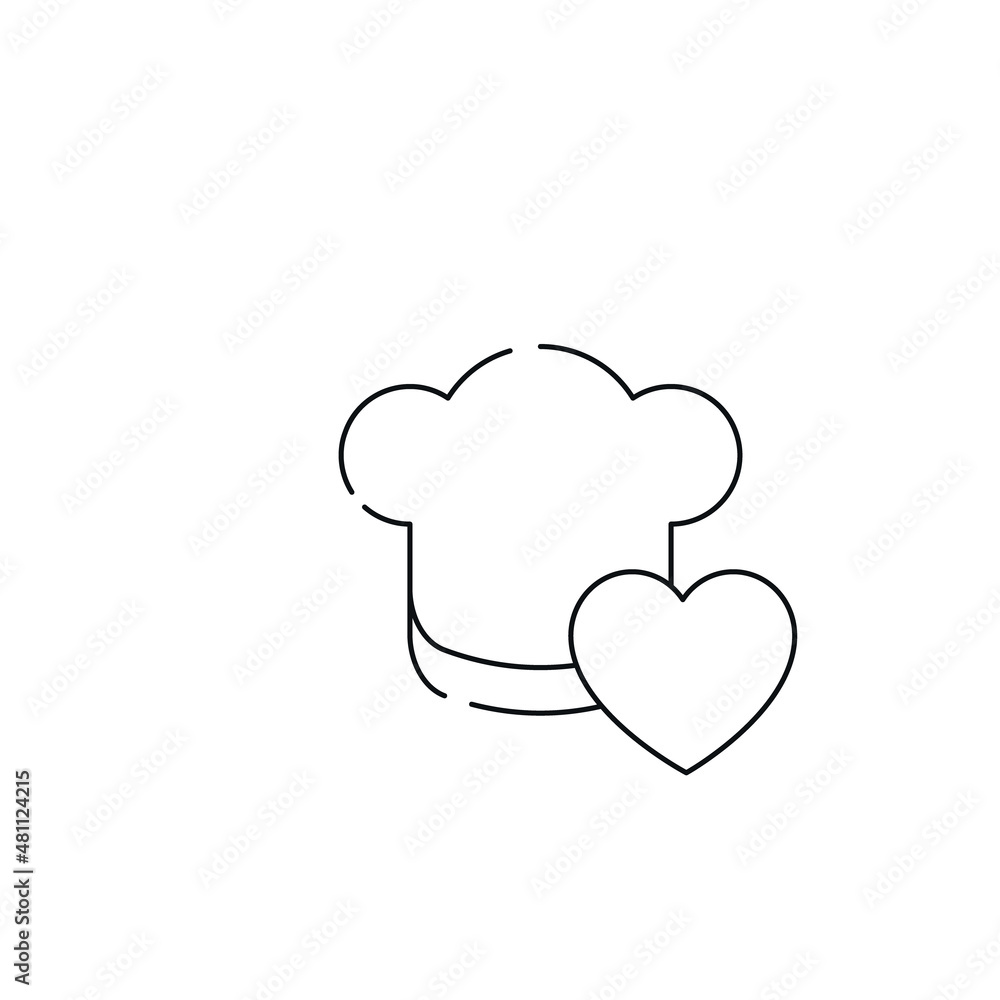 Romance and love concept. Outline sign drawn in flat style. Line icon of heart next to chefs hat Romance and love concept. Outline sign drawn in flat style. Line icon of heart next to chefs hat