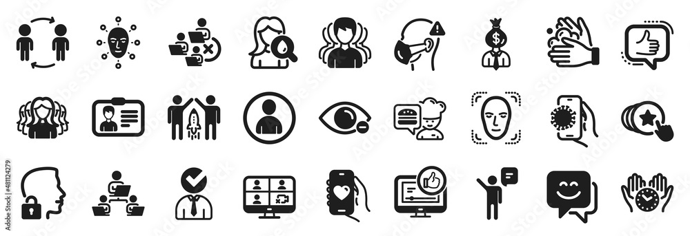 Set of People icons, such as Manager, Video conference, Agent icons. Face detection, Unlock system, Dating app signs. Women group, Face biometrics, Safe time. Vacancy, Wash hands, Workflow. Vector