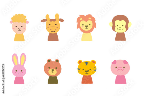 Fototapeta Naklejka Na Ścianę i Meble -  Animal Heads Illustrations Set. 
Cartoon cute animals faces for baby card, poster, nursery, apparel, invitation. Set of animal faces. Sheep, lion, bunny, bear, tiger, pig, monkey, cow.
