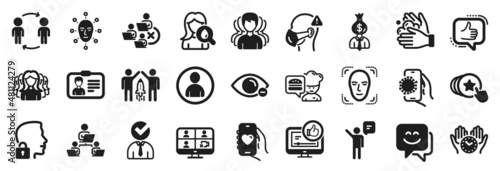Set of People icons, such as Manager, Video conference, Agent icons. Face detection, Unlock system, Dating app signs. Women group, Face biometrics, Safe time. Vacancy, Wash hands, Workflow. Vector