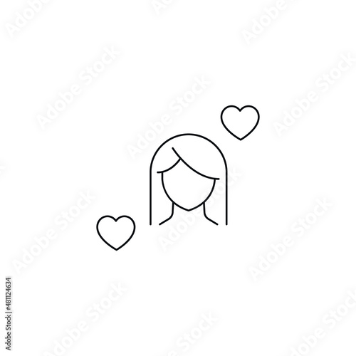 Romance and love concept. Outline sign drawn in flat style. Line icon of faceless woman with long hair surrounded by simple small hearts