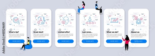 Science icons set. UI phone app screens with teamwork. Included icon as Chemistry lab, Face declined, Management signs. Sales diagram, Algorithm, Teamwork line icons. Vector