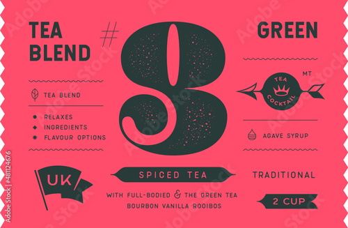 Tea, tag label. Modern tag, label for brand, logo, sticker tea shop. Template design minimal label, tag with text green tea blend. Typographic tag, modern font. Vector Illustration