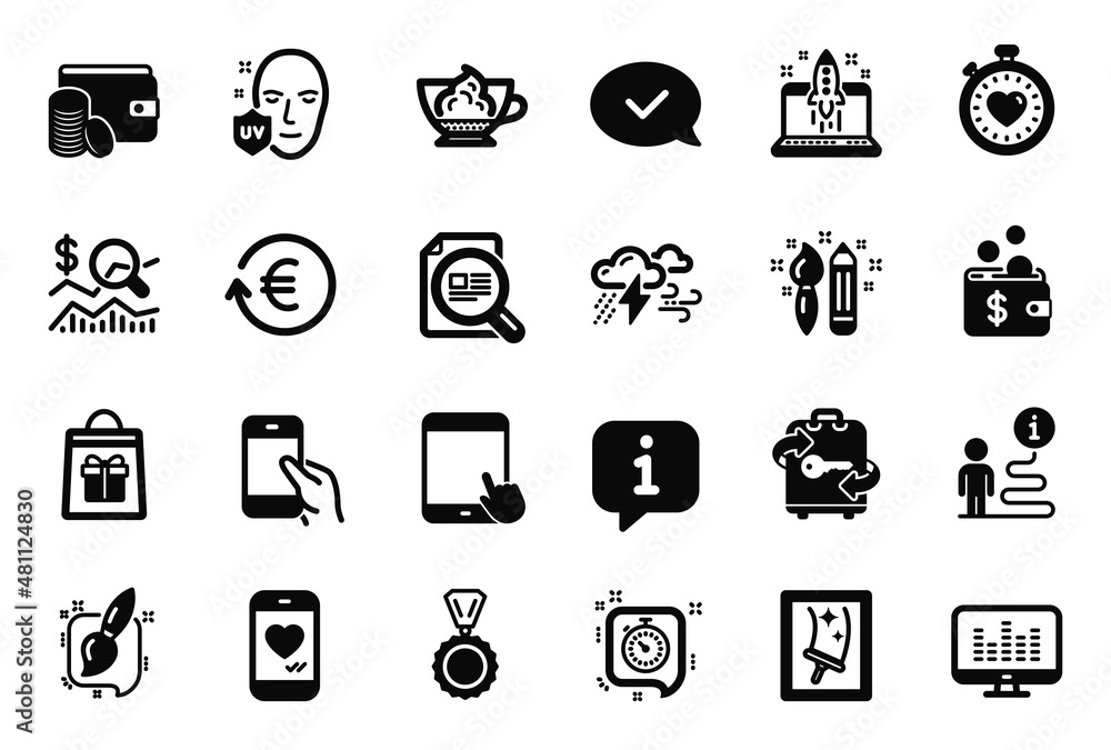 Vector Set of simple icons related to Hold smartphone, Heartbeat timer and Espresso cream icons. Creativity, Painting brush and Timer signs. Window cleaning, Medal and Approved message. Vector Vector Set of simple icons related to Hold smartphone, Heartbeat timer and Espresso cream icons. Creativity, Painting brush and Timer signs. Window cleaning, Medal and Approved message. Vector
