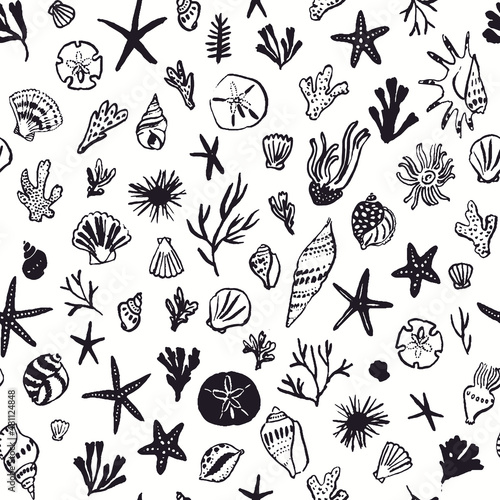 Sea world seamless pattern, background with sea shells and marine plants, summer time design
