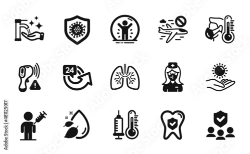 Vector set of Coronavirus, Washing hands and People vaccination icons simple set. Sick man, 24 hours and Lungs icons. Recovered person, Water drop and Thermometer signs. Vector