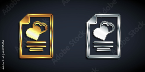 Gold and silver Marriage contract icon isolated on black background. Wedding certificate. Long shadow style. Vector