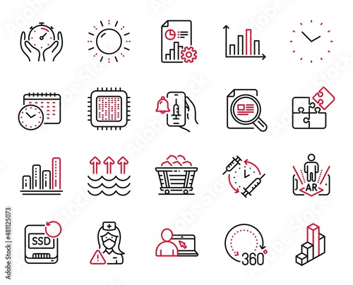 Vector Set of Science icons related to Sun energy, Calendar time and Report icons. Cpu processor, 3d chart and Diagram graph signs. Graph chart, Evaporation and 360 degrees. Check article. Vector