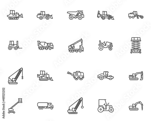 Construction vehicle line icons set