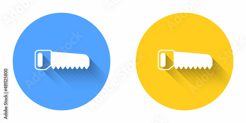 White Hand saw icon isolated with long shadow background. Circle button. Vector