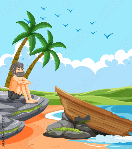 A man on deserted island isolated
