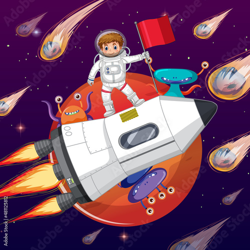 Outer space scene with astonaut standing on spaceship