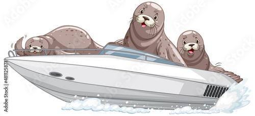 Seals on speed boat in cartoon style