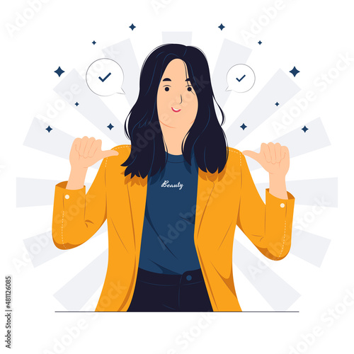 Successful business woman dressed in stylish suit with confidence, pointing herself with fingers proud and happy, high self esteem, concept illustration