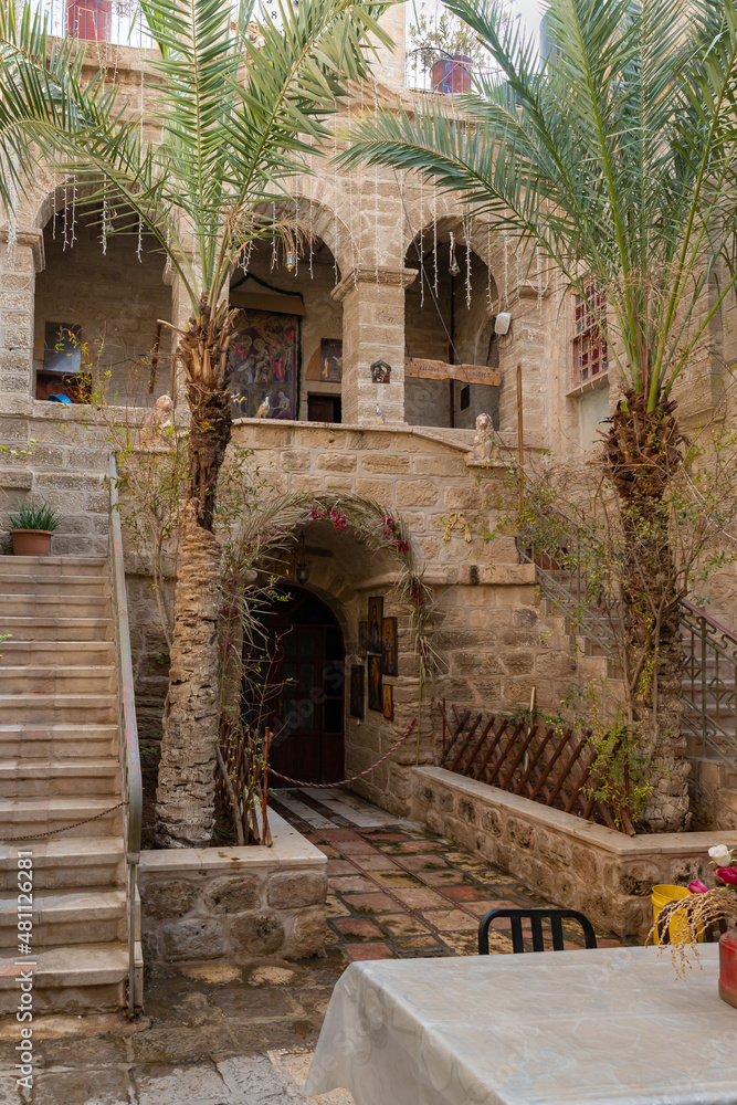 The courtyard in the Monastery Deir Hijleh - Monastery of Gerasim of Jordan, in the Palestinian Authority, in Israel