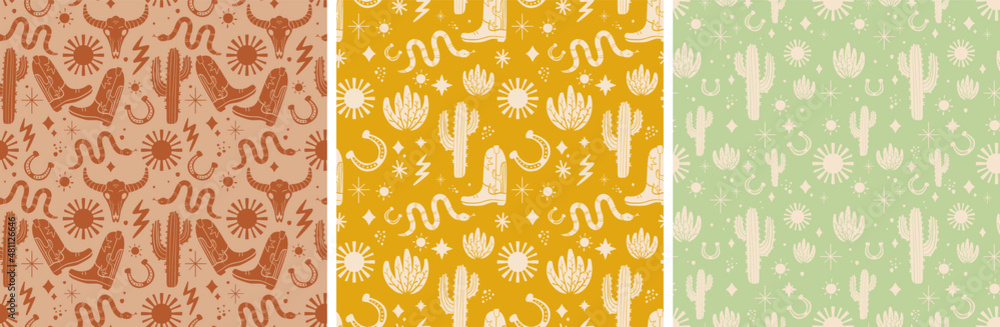 Cowboy Western Boho Cactus Warm Earthy Colors Vector Pattern Collection. Different assets Sun, Snake, Cowboy boots, bull skull, horseshoe
 - obrazy, fototapety, plakaty 