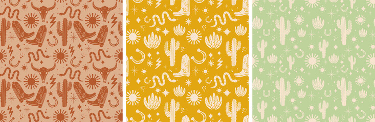 Gardinen Tiermuster Cowboy Western Boho Cactus Warm Earthy Colors Vector Pattern Collection. Different assets Sun, Snake, Cowboy boots, bull skull, horseshoe   © Levin