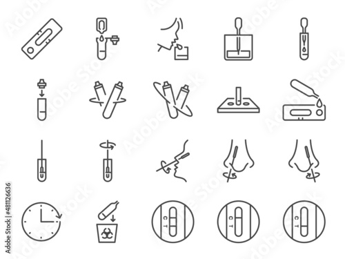 ATK test line icon set. Included the icons as RT PCR, Rapid test, COVID-19, saliva test, and more. photo