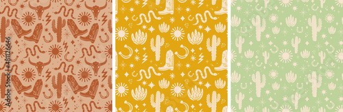 Cowboy Western Boho Cactus Warm Earthy Colors Vector Pattern Collection. Different assets Sun, Snake, Cowboy boots, bull skull, horseshoe
