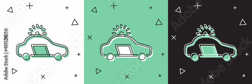 Set Police car and police flasher icon isolated on white and green, black background. Emergency flashing siren. Vector
