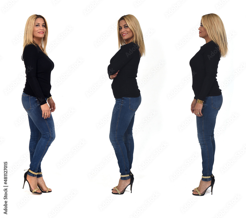 group of a side view of full portrait of a woman with jeans and heeled shoes on white background