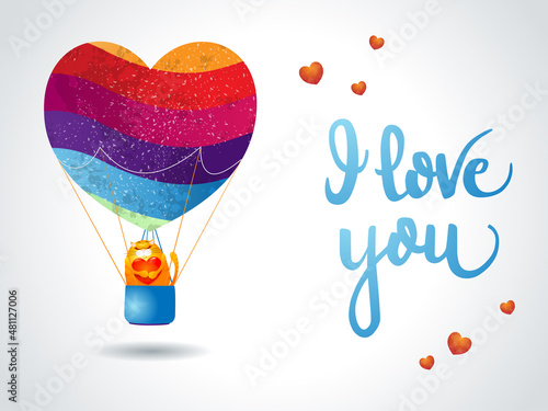 Valentine card with balloon, cat, heart and message. Vector illustration eps10