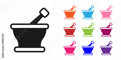 Black Mortar and pestle icon isolated on white background. Set icons colorful. Vector