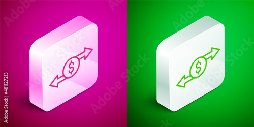 Isometric line Money exchange icon isolated on pink and green background. Cash transfer symbol. Banking currency sign. Silver square button. Vector