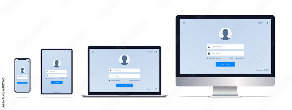 Login and password window on different screens. Computer monitor, laptop, tablet, smartphone. Vector Illustration - obrazy, fototapety, plakaty 