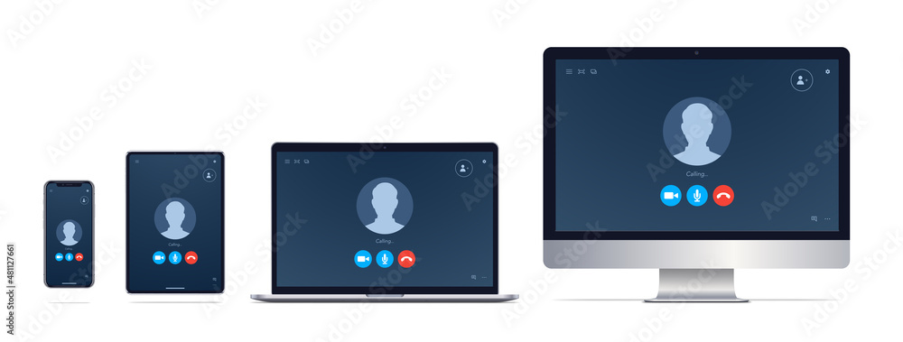 Videocall window on different screens. Computer monitor, laptop, tablet, smartphone. Vector Illustration Videocall window on different screens. Computer monitor, laptop, tablet, smartphone. Vector Illustration
