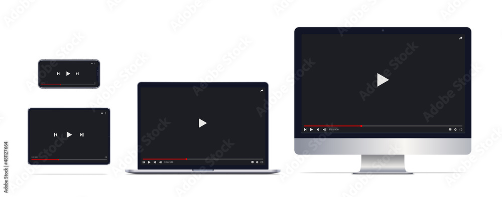 Video window on different screens. Computer monitor, laptop, tablet, smartphone. Vector Illustration