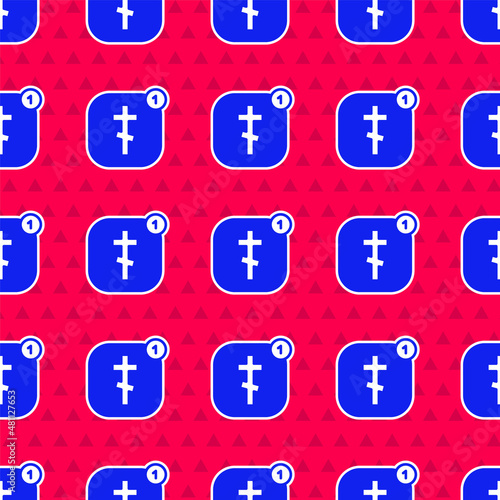 Blue Online church pastor preaching video streaming icon isolated seamless pattern on red background. Online church of Jesus Christ. Vector