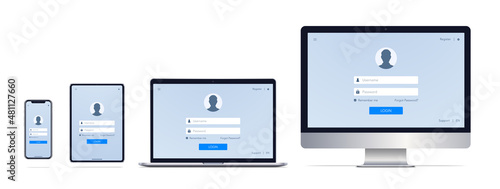 Login and password window on different screens. Computer monitor, laptop, tablet, smartphone. Vector Illustration