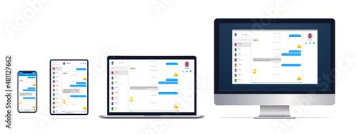 Messenger window on different screens. Computer monitor, laptop, tablet, smartphone. Vector Illustration