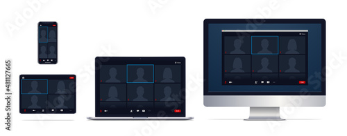 Online conference window on different screens. Computer monitor, laptop, tablet, smartphone. Vector Illustration