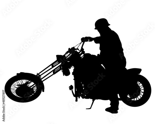 Man in protective clothing rides sport bike. Isolated silhouette on a white background