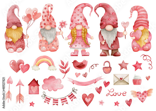 Watercolor set of valentine's day, gnomes