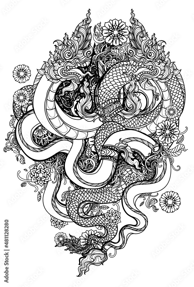 Tattoo art thai dragon flower hand drawing and sketch Tattoo art thai dragon flower hand drawing and sketch