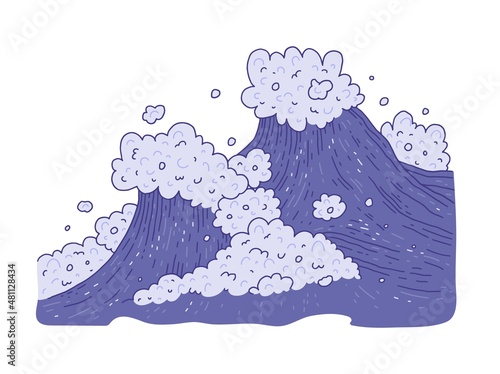 Waves sea ocean. Vector very peri bursts splash with foam and bubbles. Outline doddle sketch illustration isolated on white background.