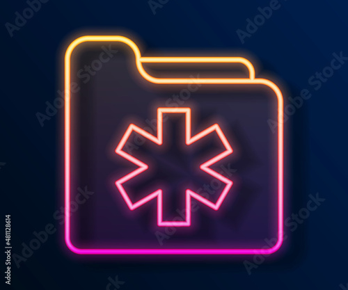 Glowing neon line Medical health record folder for healthcare icon isolated on black background. Patient file icon. Medical history symbol. Vector
