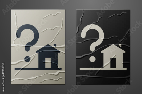 White House with question mark icon isolated on crumpled paper background. Housing problems, questions. Paper art style. Vector