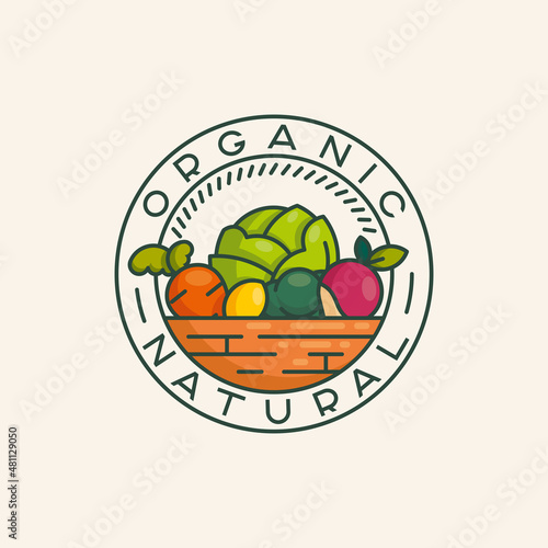 The logo design concept of organically natural food. Vintage logo vegetables and fruits in the basket. Healthy foods for proper nutrition.