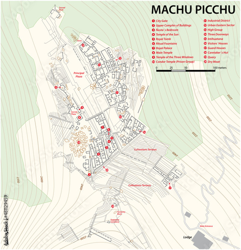 Map of the Inca Ruin City Machu Picchu, Cusco, Peru 